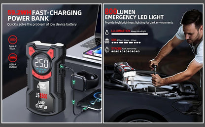 Car Jump Starter Air Compressor With Power Bank Portable Electric Pump Auto Battery Booster 12V Jump Box With Flashlight