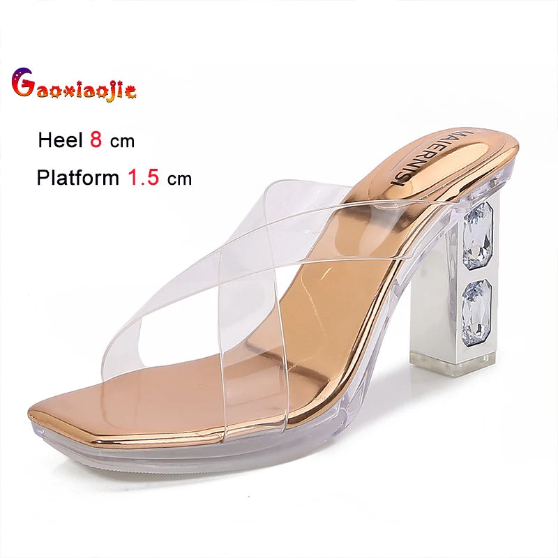 2025 Red High Heels 8cm Women Shoes Rhinestone Thick Heels Square Toe Ladies Pumps Cross Tie Straps Slippers Sandals Party Shoes