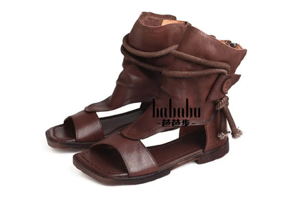 Birkuir High Top Open Toe Sandals For Women Summer Boots Luxury Hollow Out Beach Sandals Genuine Leather Flats Shoes Ladies