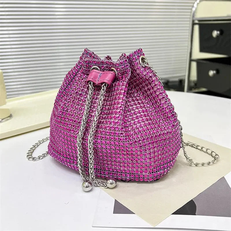 Sparkling Rhinestone Embellished Drawstring Crossbody Bag for Women Multi-Functional Bucket Purse with Detachable Chain Strap