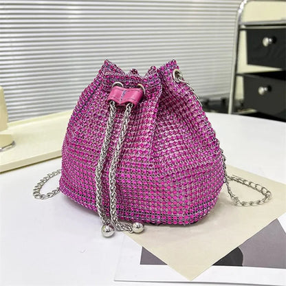 Sparkling Rhinestone Embellished Drawstring Crossbody Bag for Women Multi-Functional Bucket Purse with Detachable Chain Strap