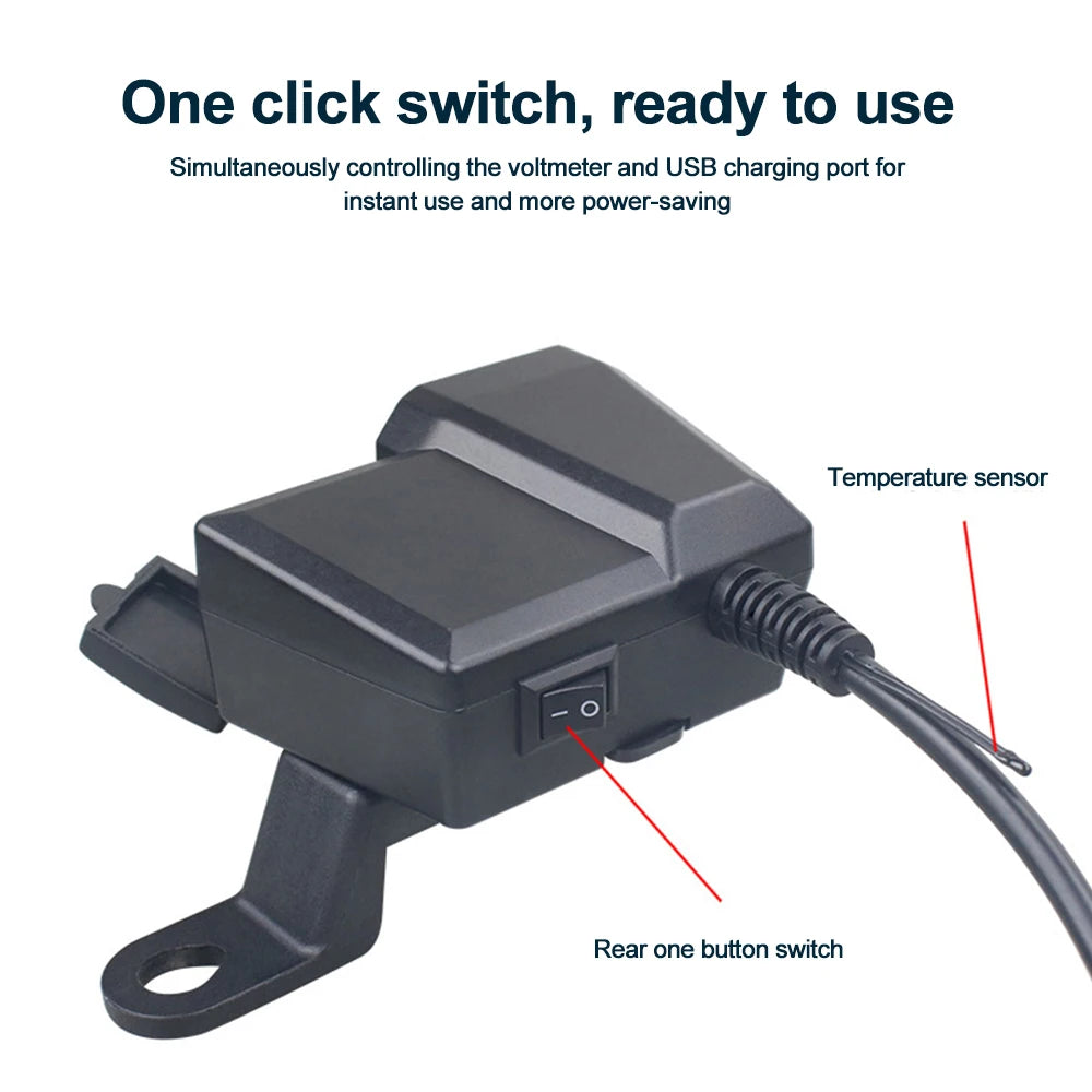 60W QC3.0+PD Motorcycle USB Charger Handlebar Power Adapter with Digital Voltmeter Thermometer Rear Switch Fast Charging Socket