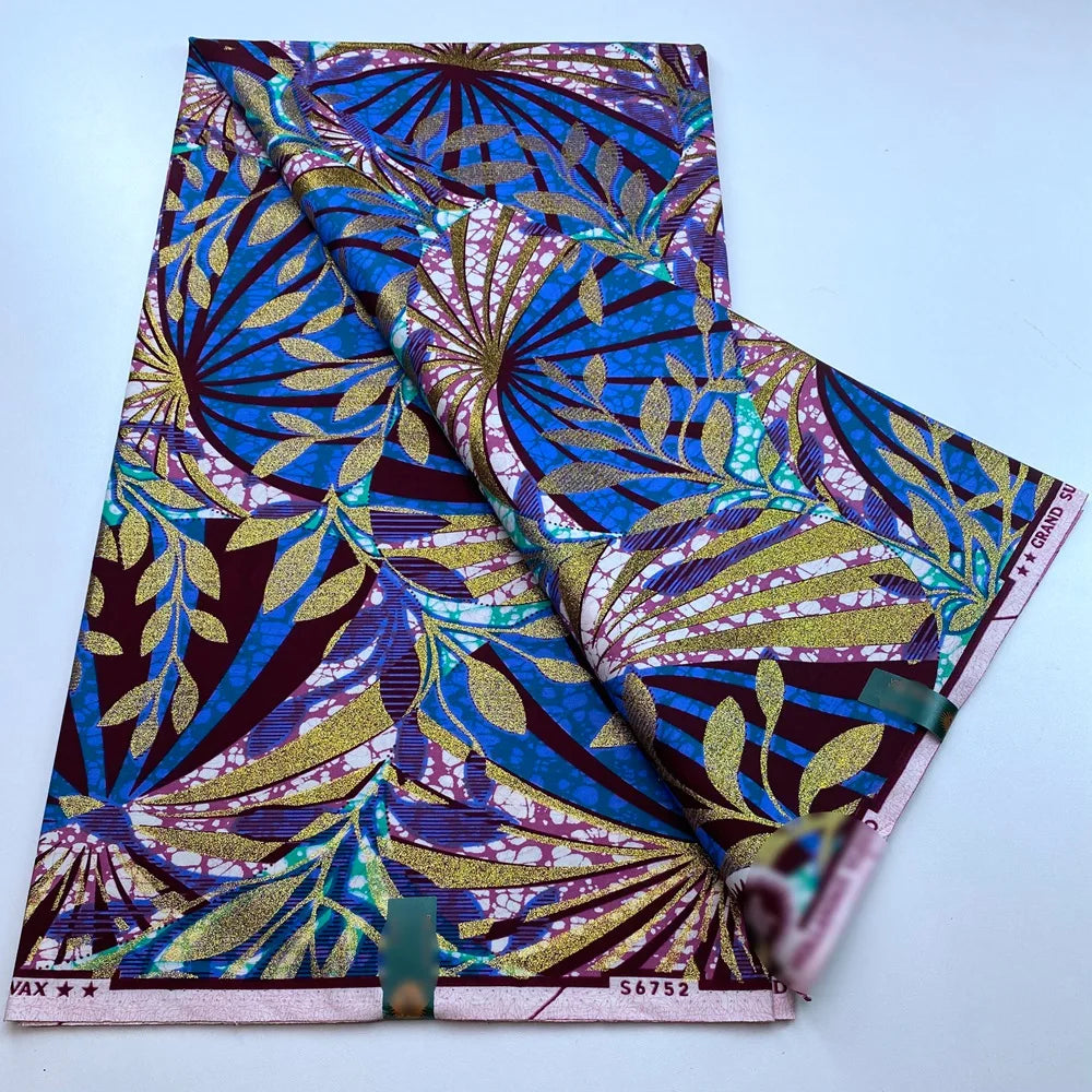 New African Wax Print Fabric Ankara Kitenge Pagne Loincloth Batik Wholesale Golden Glitter Grand 100Cotton Material For Sew 6yar