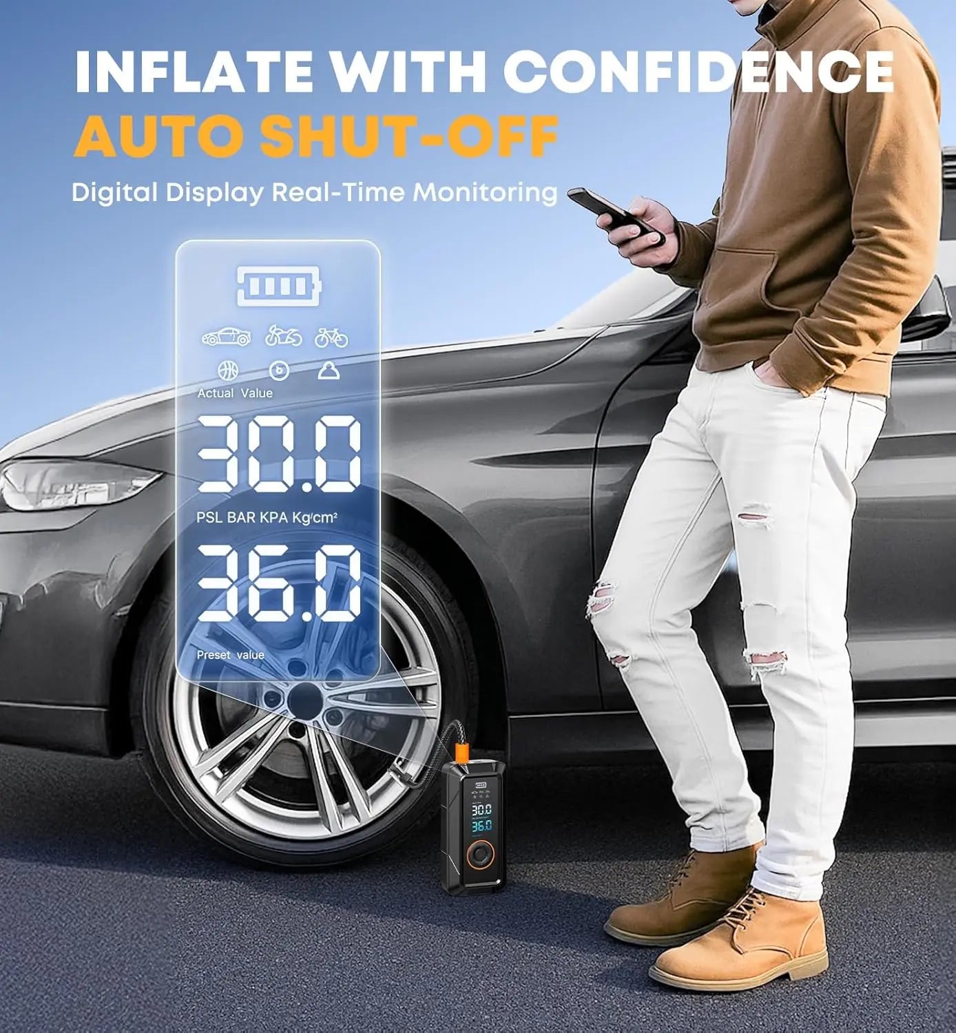 Portable tire inflation pump, wireless 12V DC inflation pump, suitable for car, bicycle, motorcycle tires, balls, etc