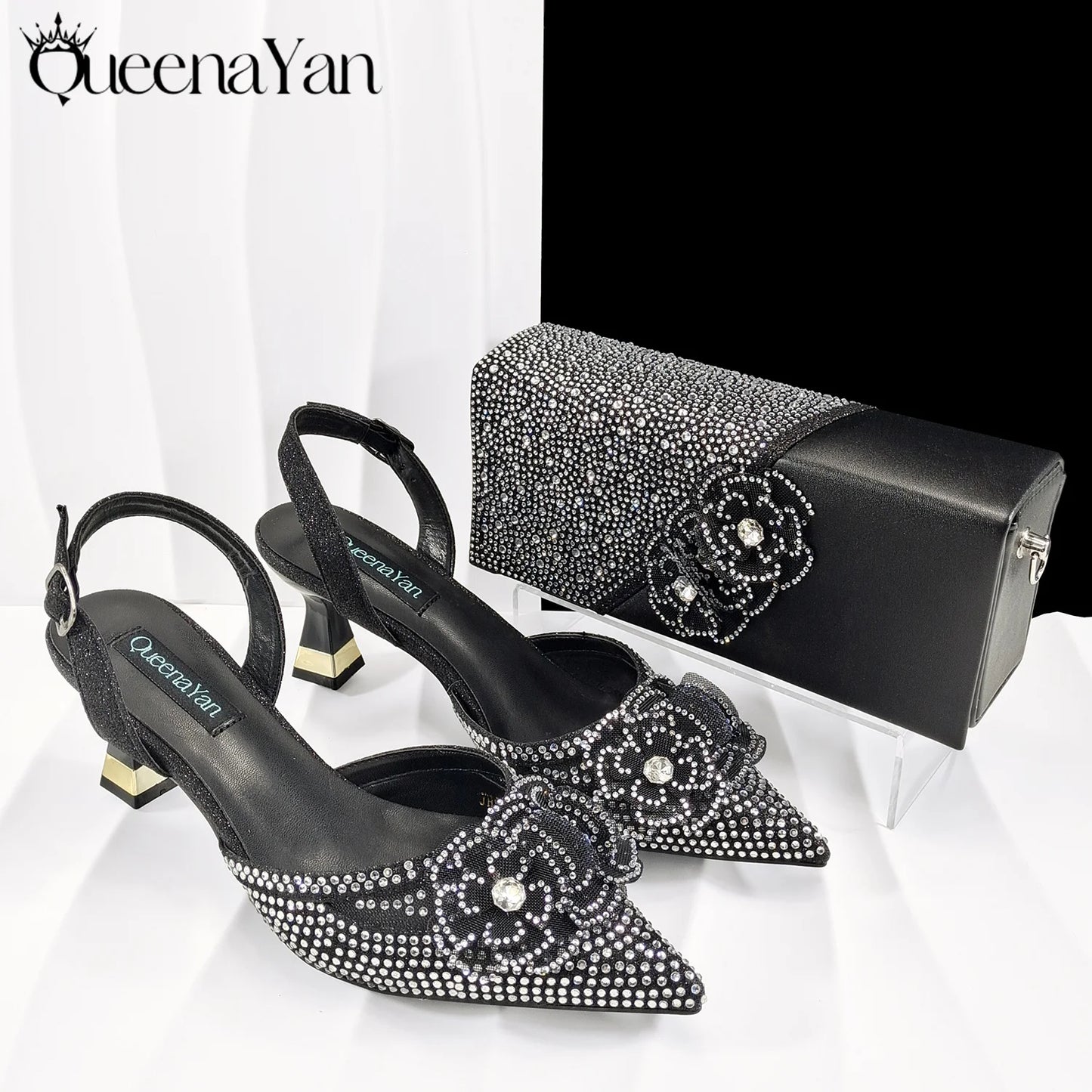 QueenaYan 2026 Elegant Silver Pointed-Toe High Heels Shoes with Diamond Accents & Matching Bag - Ideal for Party Elegance