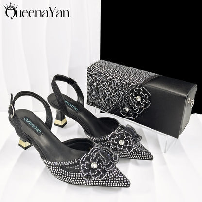 QueenaYan 2026 Elegant Silver Pointed-Toe High Heels Shoes with Diamond Accents & Matching Bag - Ideal for Party Elegance