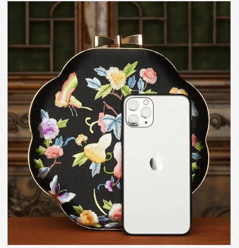 Cape-Bay Embroidered Women's Bag with Cheongsam, Chinese Classical Flower Embroider Small Bag Flower Cloth Bag, Gold Edged Gold Lock Chain Bag, Fashionable Niche Black Flower Cloth Bag, Banquet Party Casual Shoulder Bag, Cros