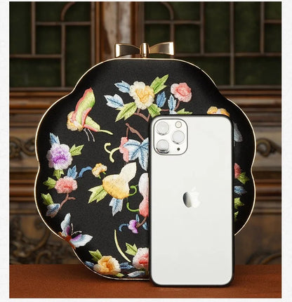 Cape-Bay Embroidered Women's Bag with Cheongsam, Chinese Classical Flower Embroider Small Bag Flower Cloth Bag, Gold Edged Gold Lock Chain Bag, Fashionable Niche Black Flower Cloth Bag, Banquet Party Casual Shoulder Bag, Cros