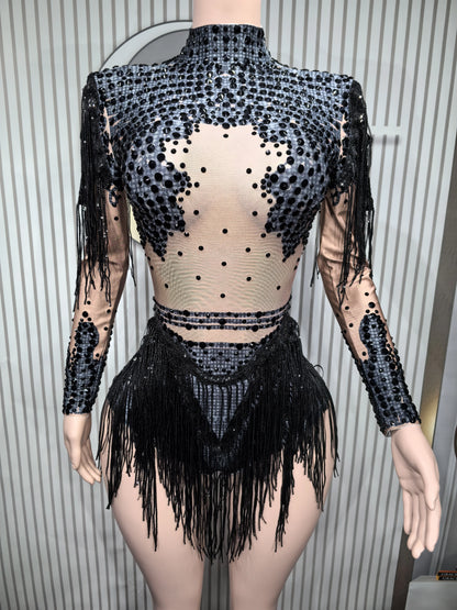 Rhinestones Women DanceCostume Fringes One Shoulder Bodysuit  Sexy Skinny Leotard Singer Dancer Show StageWear Sparkly Blue