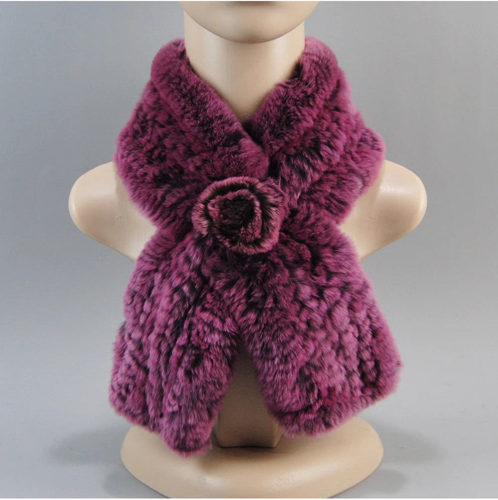 Hot Russian Women Knit Real Rex Rabbit Fur Scarf Lady Fashion Floral Rex Rabbit Fur Mufflers Hot Winter Warm Natural Fur Scarves