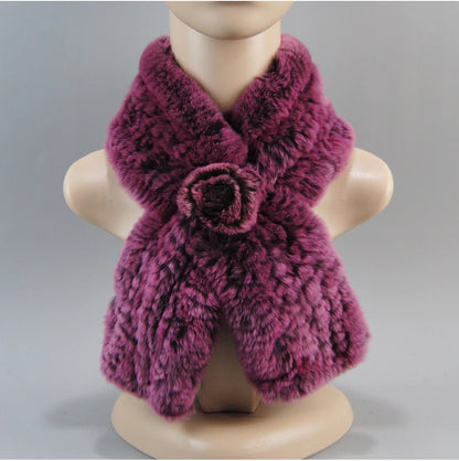 Hot Russian Women Knit Real Rex Rabbit Fur Scarf Lady Fashion Floral Rex Rabbit Fur Mufflers Hot Winter Warm Natural Fur Scarves