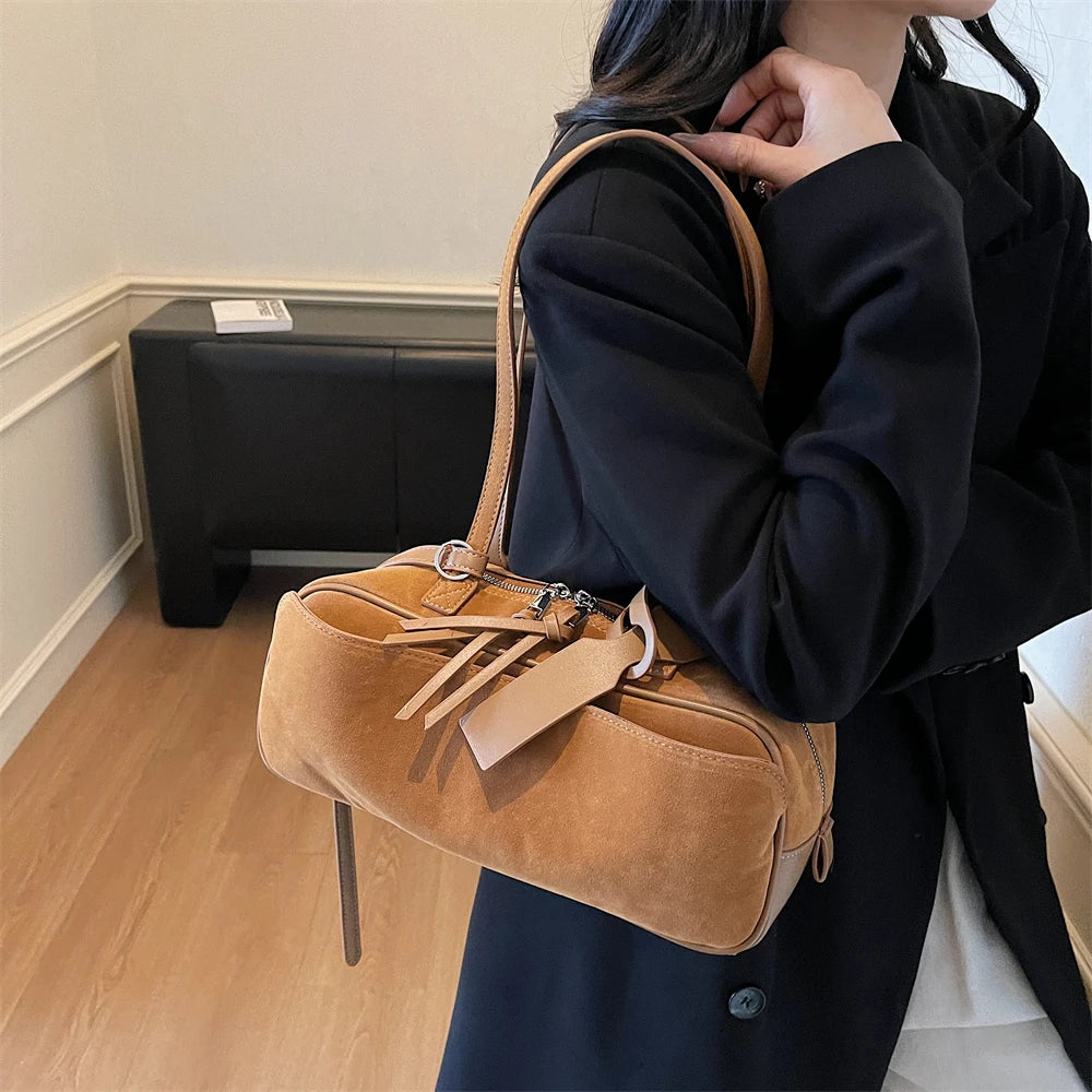 MOODS 2025 Autumn Latest Commute Shoulder Bags For Women PU Suede Pure Color Large Capacity Boston Bag Luxury Designer Handbags