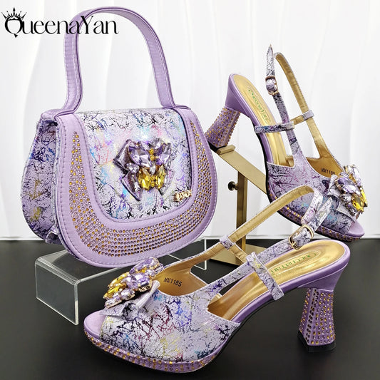 New Arrval Print and Colorful Rhinestone Design Lilac Color Party Wedding Shoes and Essential for Banquets, Exquisite HandBag