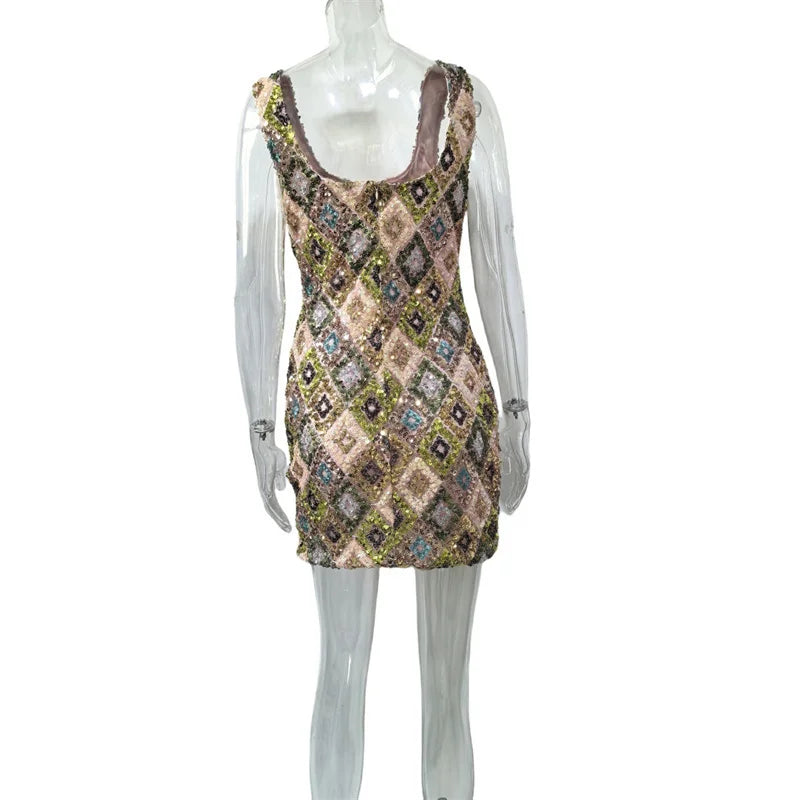 Mozision Multicolour Pattern Sequins Sexy Mini Dress Women Fashion Square Collar Sleeveless Backless Sparkle Club Party Dresses