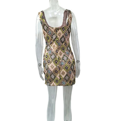 Mozision Multicolour Pattern Sequins Sexy Mini Dress Women Fashion Square Collar Sleeveless Backless Sparkle Club Party Dresses