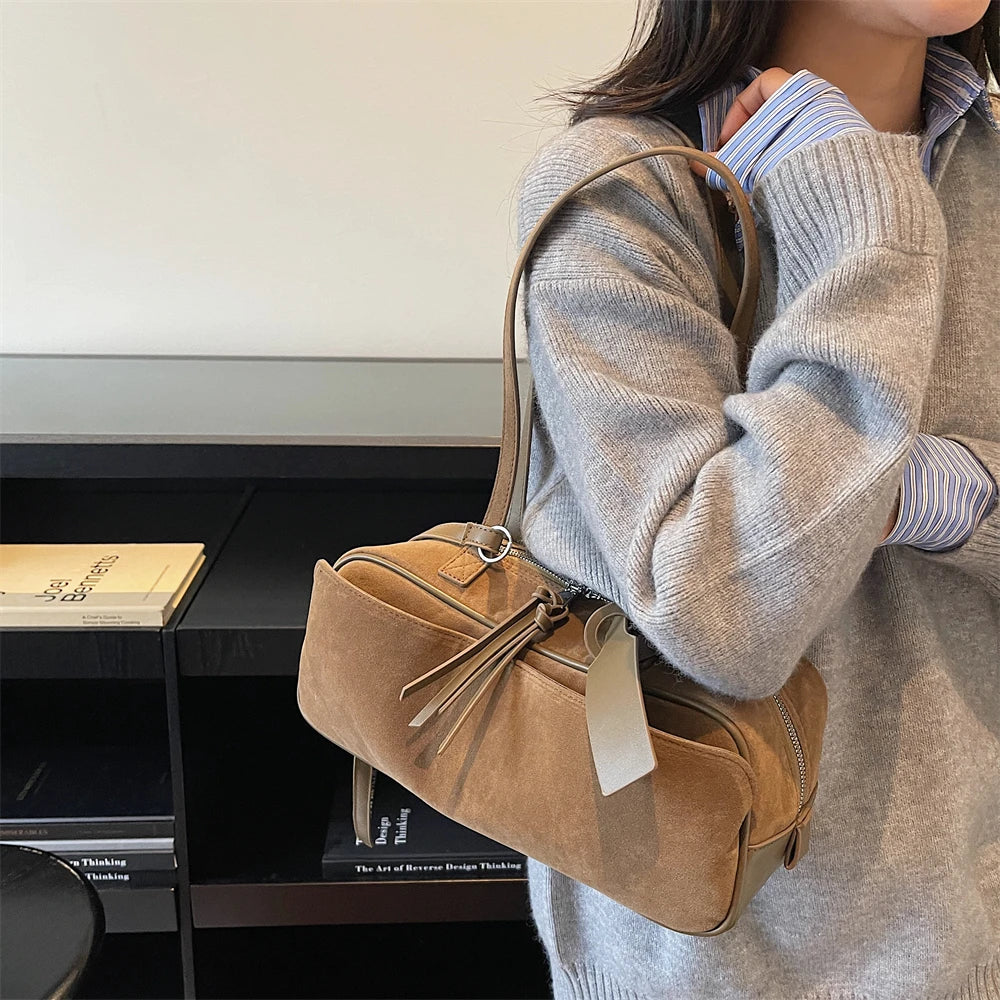 MOODS 2025 Autumn Latest Commute Shoulder Bags For Women PU Suede Pure Color Large Capacity Boston Bag Luxury Designer Handbags