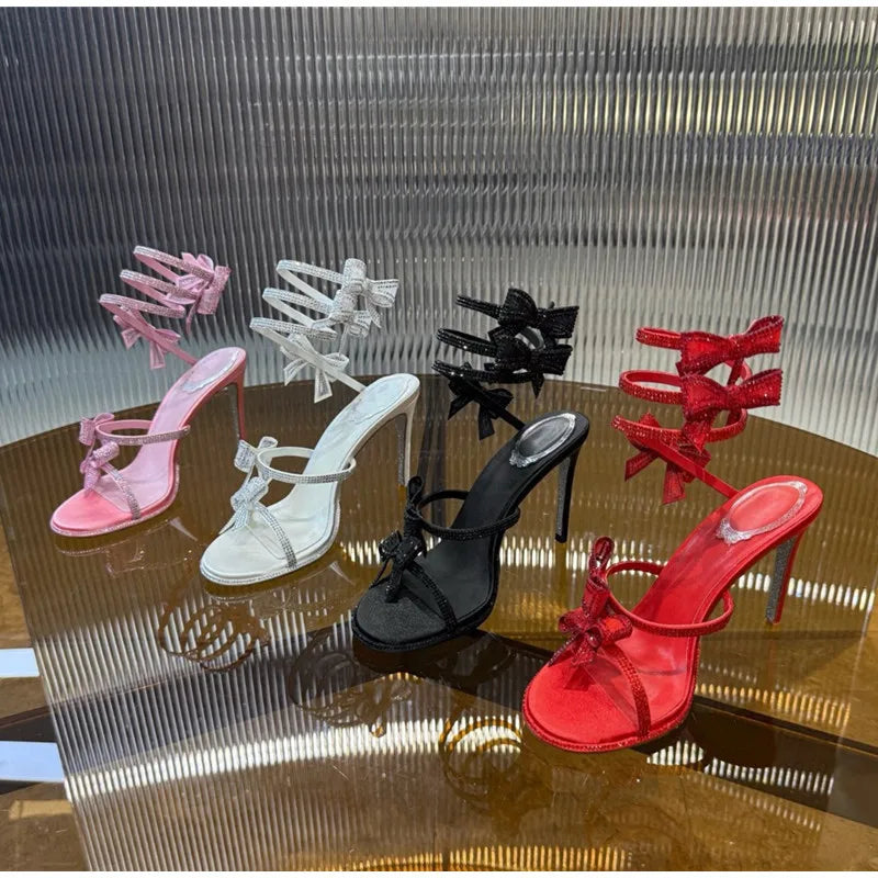 Luxury Rhinestones Mesh Bowknot Snake Coiled Women Gladiator Sandals Sexy Narrow band Thin High heels Summer Wedding Party Shoes