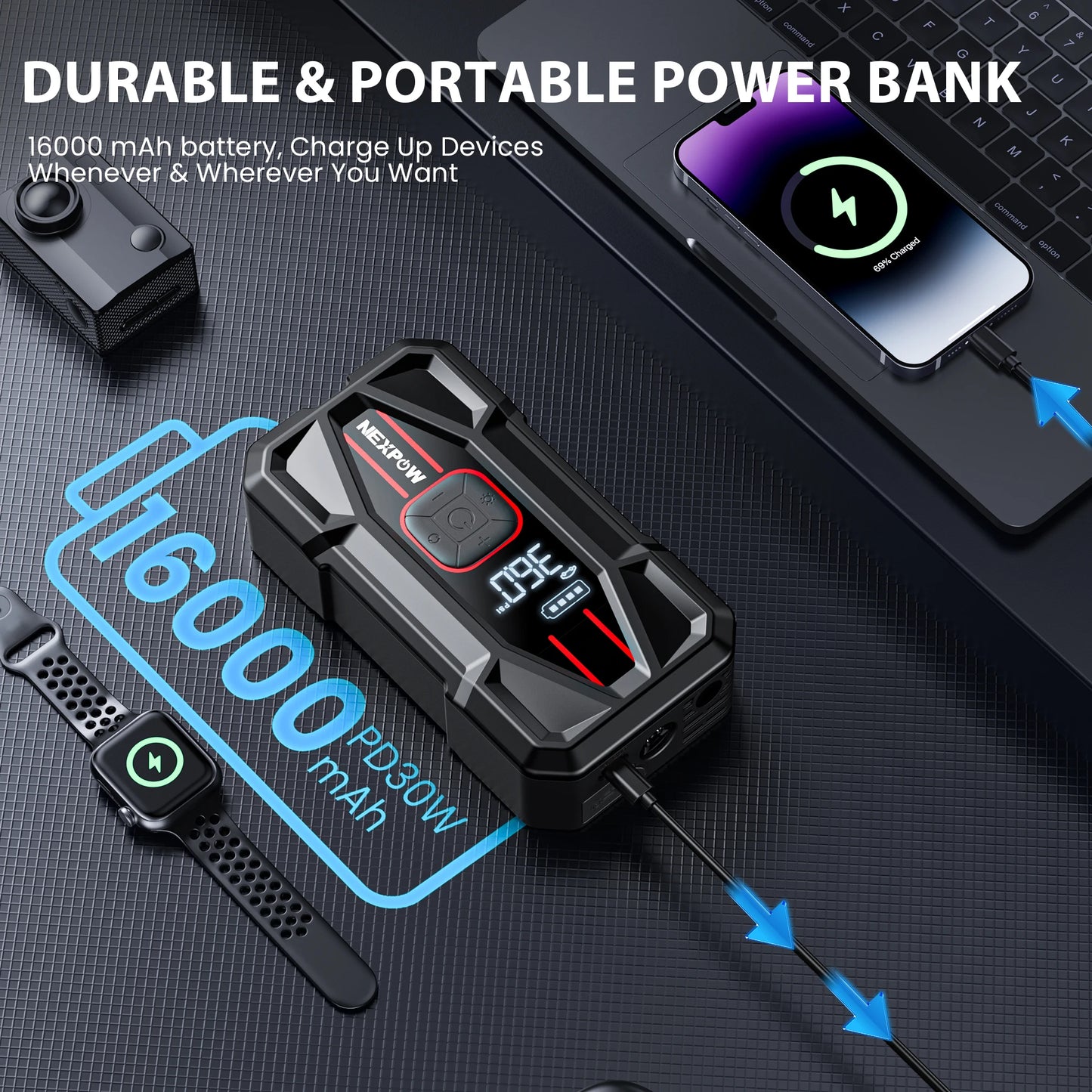NEXPOW 3000A Car Jump Starter & Air Compressor - 12V 59.2Wh Portable Battery Booster with PD 30W Fast Charge, 150PSI Air Pump, S