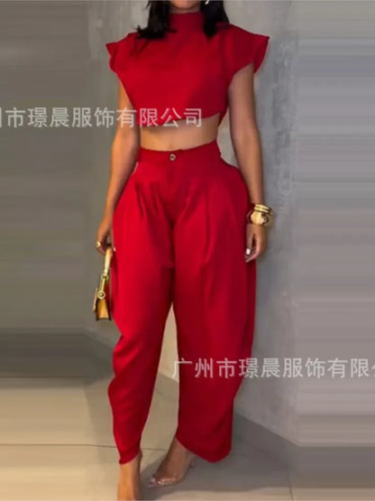 New Summer Fashion Women's High Waist Trousers Top Two-piece Set For Women Elegant Black Casual Two Piece Outfits Woman