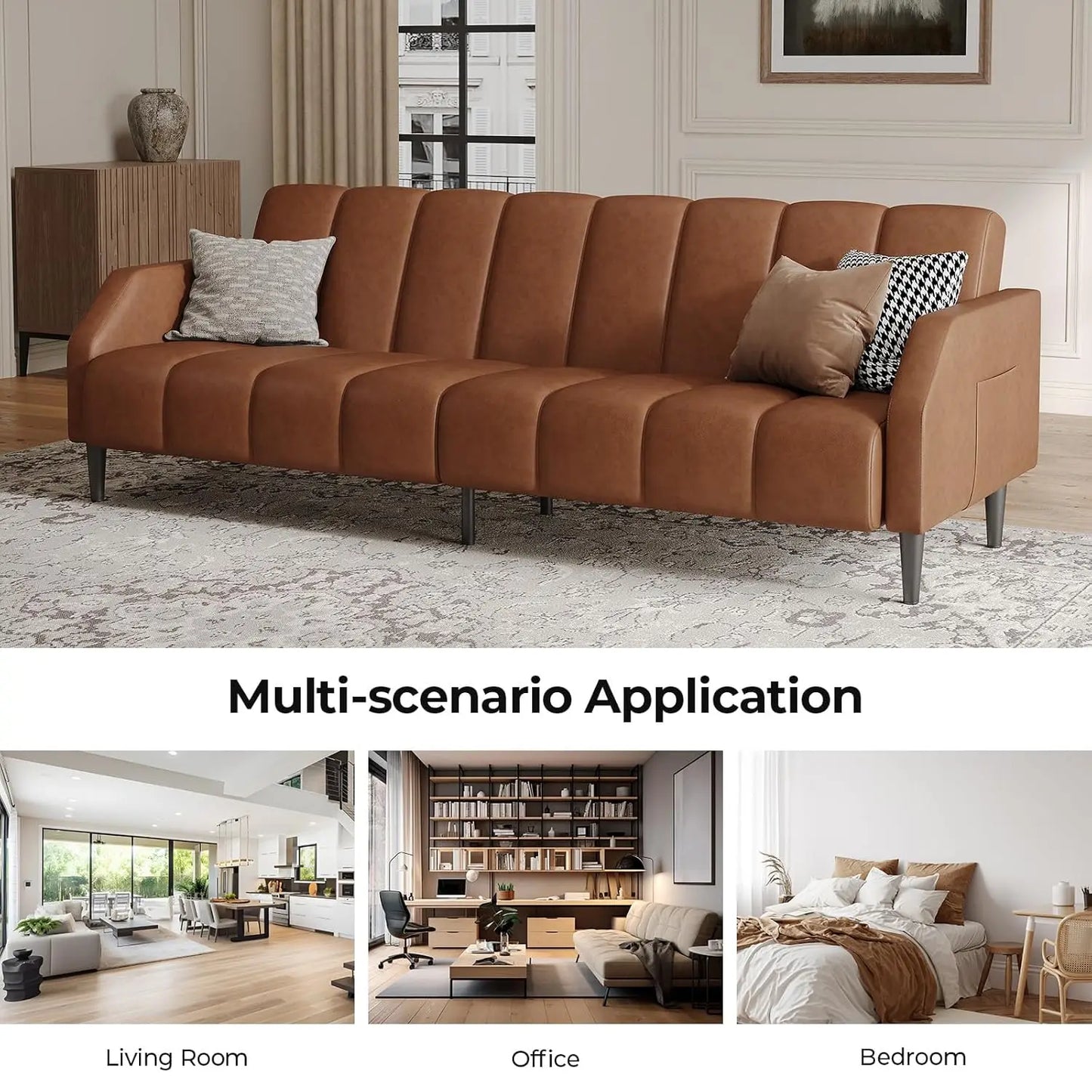 Faux Leather Couch, Convertible Futon Sofa Bed with Adjustable Backrest, Mid Century Leather Sofa Loveseat , Customized