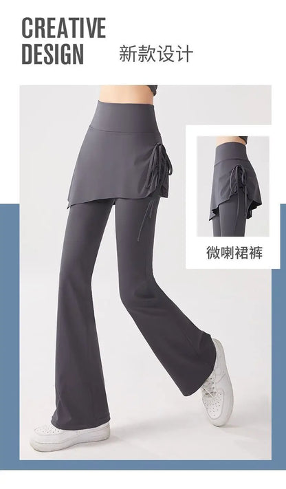 Women's Flare Pants with Skirt Overlay - High Waist Casual Bootcut Leggings