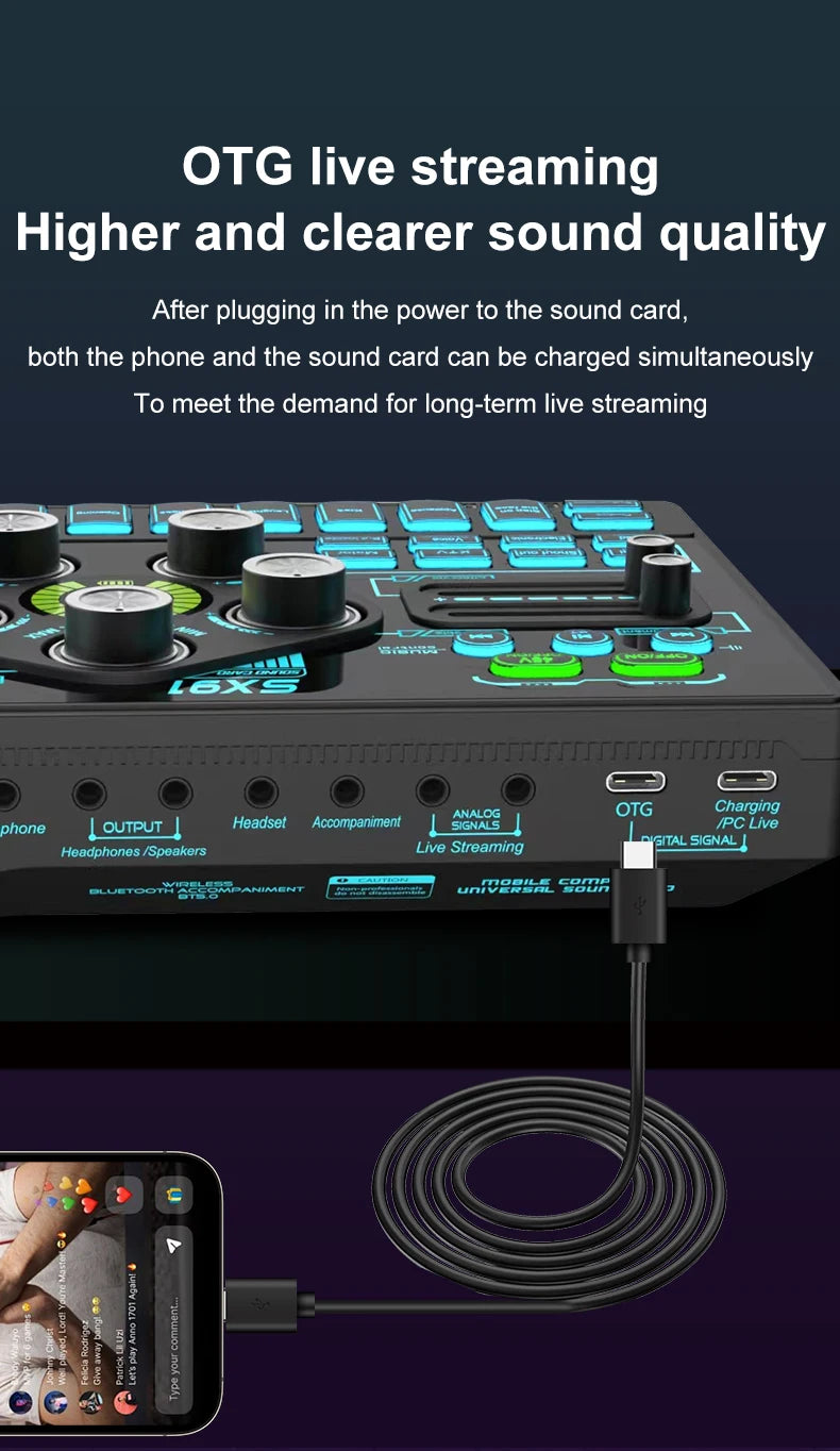 SX91 48V Audio Mixer with Voice changer,Podcast Mixer,Sound Card for Phone Gaming Karaoke Studio Live Streaming Podcast