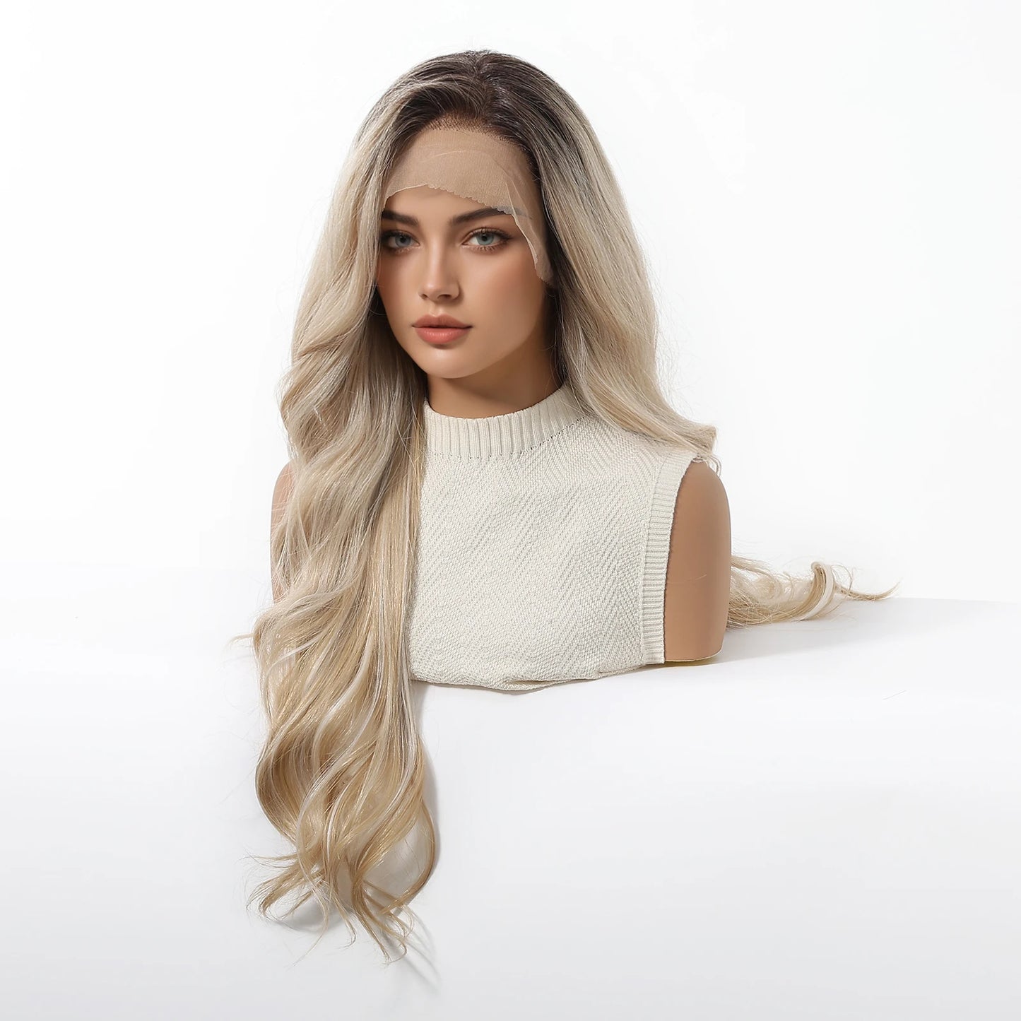 EASIHAIR Long Wavy HD Lace Front Synthetic Wigs for Women Natural Wave Blonde Wigs With Dark Roots 13*6 Lace Wigs Heat Resistant