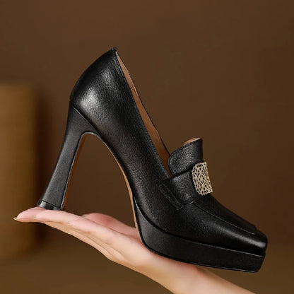 【JOCHEBED HU】Brand Genuine Leather Platform Shoes for Ladies Square Toes Women's Sewing Lines High Heels Leather