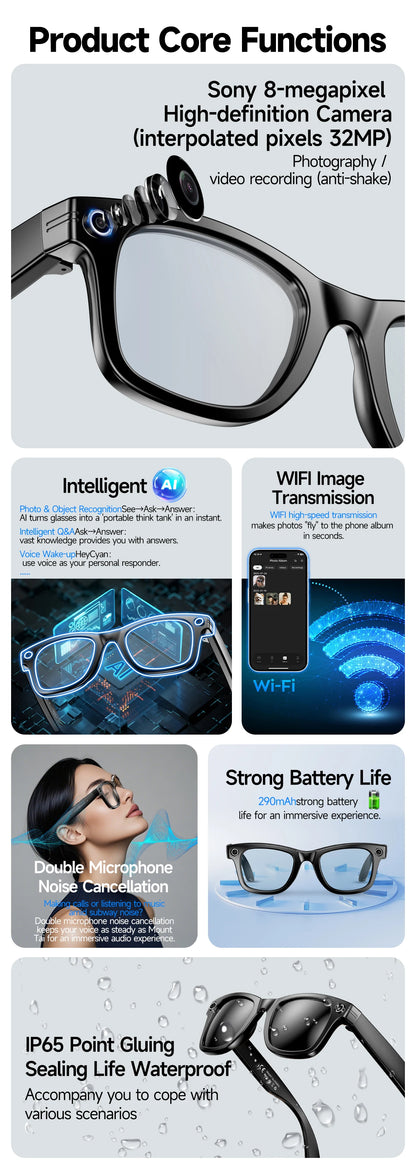 4GB Smart AI Glasses 800W pixel AI Shooting Camera HD Photo Video Voice Call Translation IP67 Waterproof Bluetooth Glasses 2025