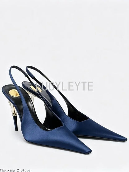 Women Satin Pointed‑Toe Stiletto Pumps with Clear Heel, Elegant Back Strap Dress Heels for Formal Dating Club Occasions