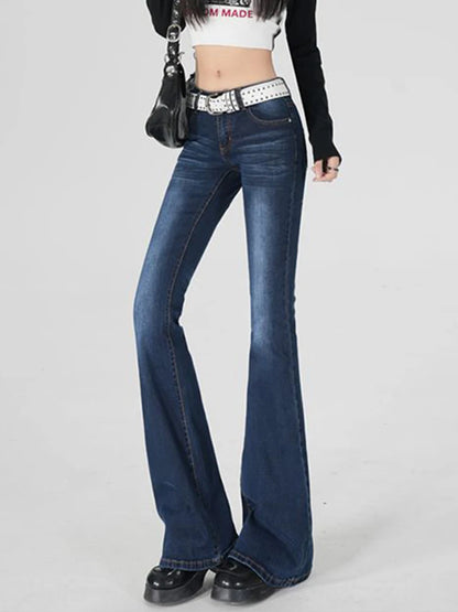 Stretch Flared Jeans Low Rised Pocket Denim Pants Women Y2K Casual Full-length Dark Blue Jeans Vintage 90S Jeans Female Trousers