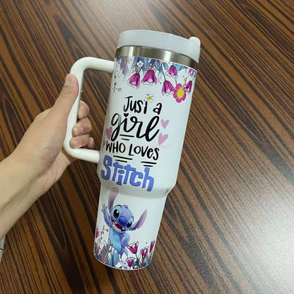 Stitch And Angel Stainless Steel Tumbler Cartoon Comic Thermal Mug With Straws And Lid 40oz Mugs Cup Cold And Hot Water Bottle