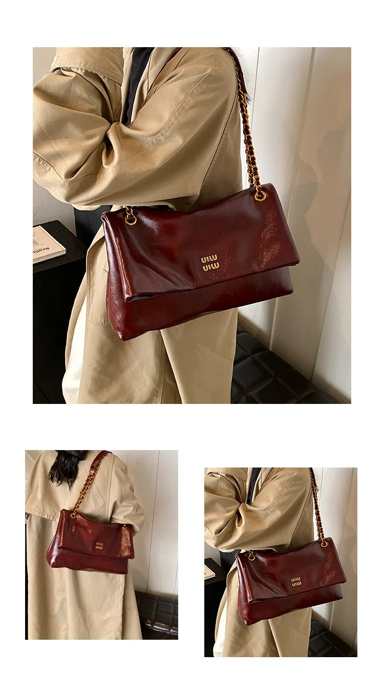 2025 Women‘s Bag Retro PU Leather Underarm Bag autumn and winter Large capacity Commuting Folded Chain Shoulder Bucket Tote Bag