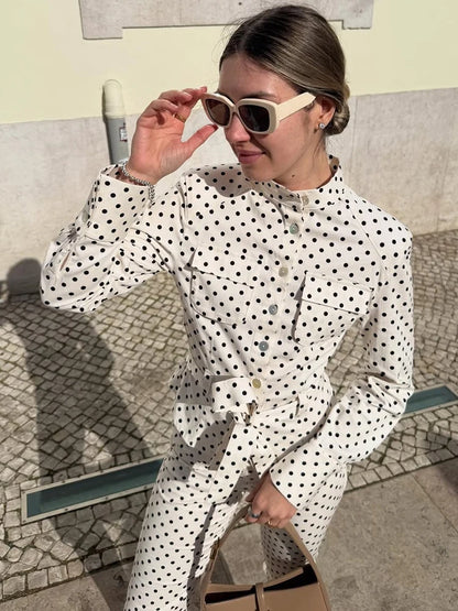 Fashion Polka Dot Cropped Pants Set For Women Y2K Stand Collar Lace Up Jacket High Waist Capri Pants Lady Street 2 Pieces Outfit