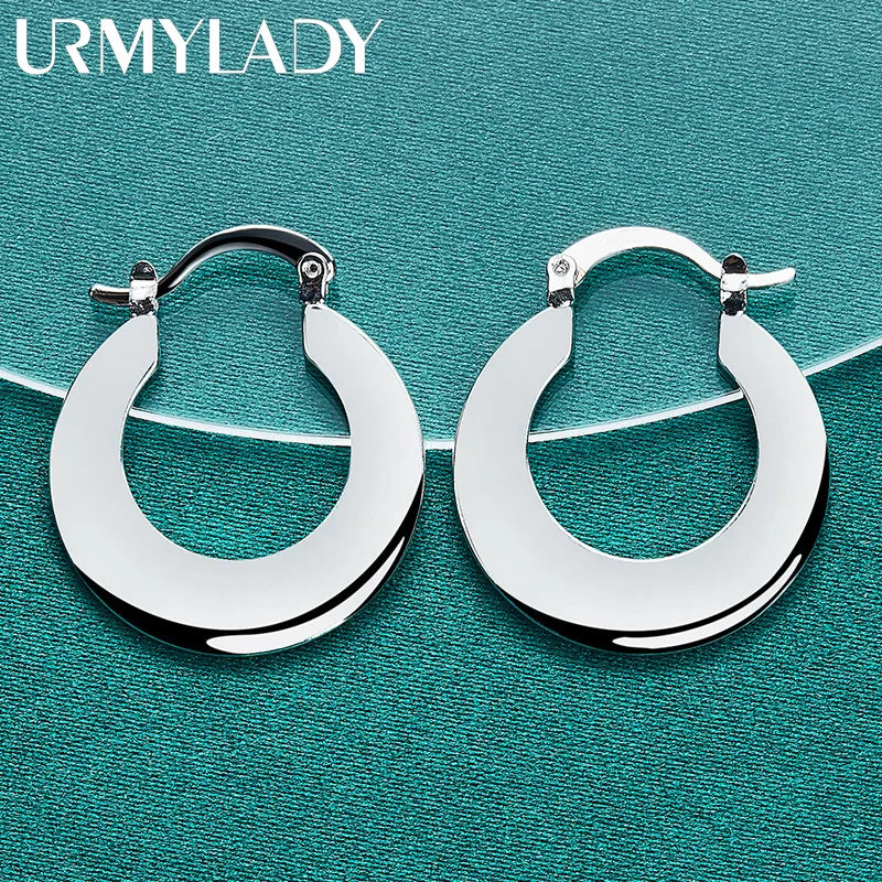 URMYLADY 925 Sterling Silver Smooth Flat Round Earrings For Women Wedding Party Fashion Charm Jewelry