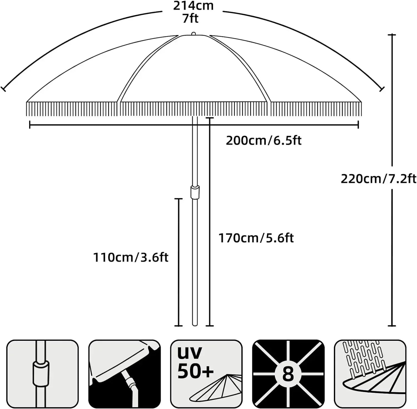 #For 7ft Patio Umbrella with Fringe Outdoor Tassel Umbrella UPF50+ Premium Steel Pole and Ribs Push Button Tilt,  Gazebo&