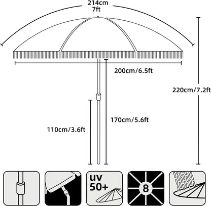 #For 7ft Patio Umbrella with Fringe Outdoor Tassel Umbrella UPF50+ Premium Steel Pole and Ribs Push Button Tilt,  Gazebo&