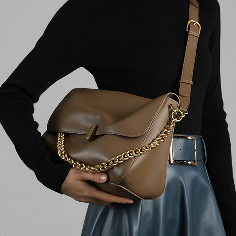 Toptrends Genuine Leather Large Chain Shoulder For Women 2026 Luxury Designer Office Messenger Bags Satchel Cow Ladies Handbags