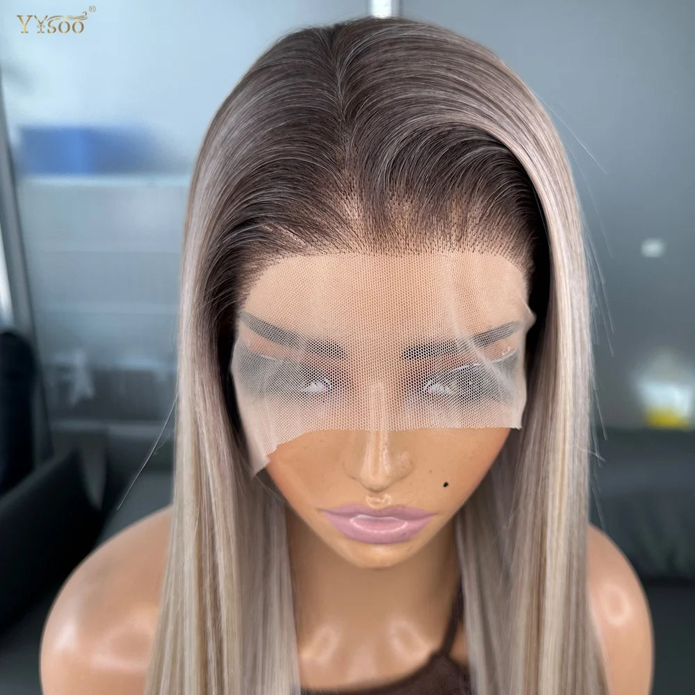 Long Heat Resistant 13x6 Synthetic Lace Front Wig Japan Futura Hair Ombre Highlights Silky Straight Hair Pre Plucked Hairline