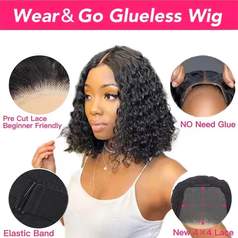 16Inch Wear And Go Glueless Bob Wig Human Hair Short Curly Deep Wave Lace Front Wigs Pre Cut Brazilian Hair 4x4 5X5 HD Lace Closure Wig  220% Density Pre-Plucked No Lace Front Closure Ready to Wear Natural Human Hair Lace Fro