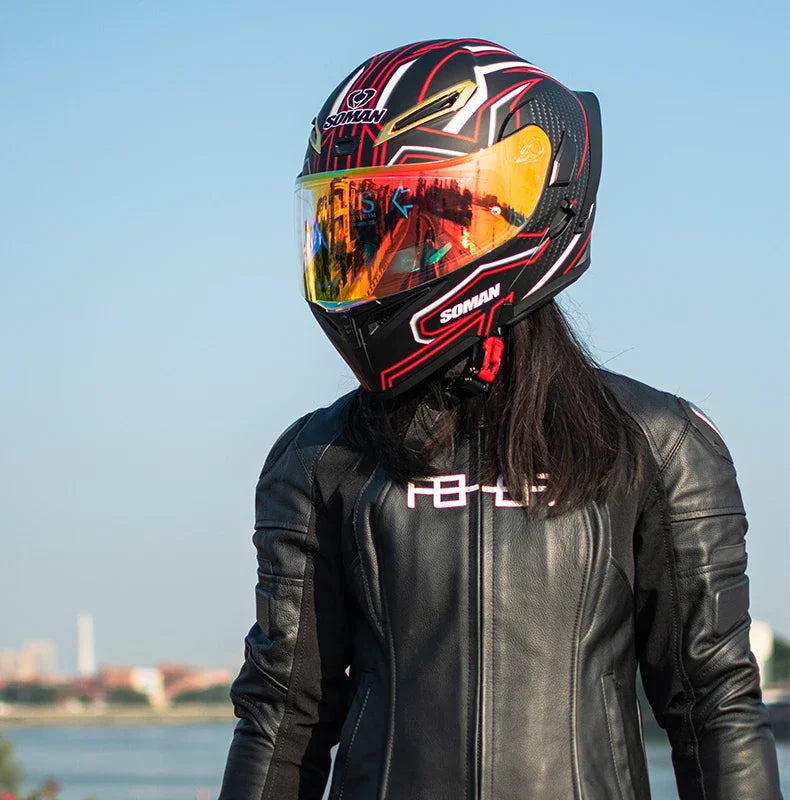 SOMAN Full Face Helmet Dual Lens Flip Up Motorcycle Helmets Casco Accessories Men Women Casque Moto Racing DOT Approved Visor