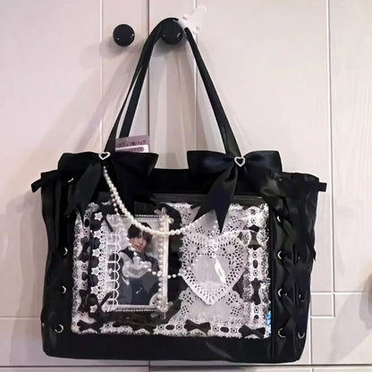 New Ribbon Cute Handbag for Women Large Capacity Transparent DIY Badge One-shoulder Tote Bag Japanese Sweet Girl Ulzzang Ita Bag