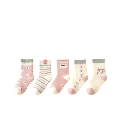 5 Pairs Thickened Fleece Rabbits Pattern Children Girls Warm Socks Lovely Trendy Soft Comfortable Elastic Half Sock for Girls