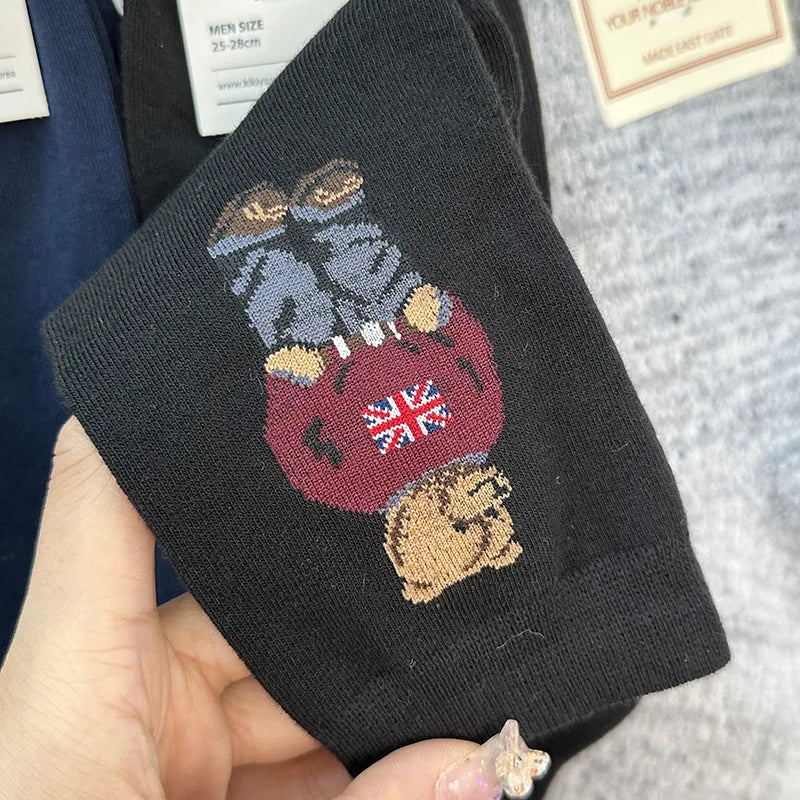 Polo Socks Men Gentleman Cotton Socks Bear Cartoon Bussiness Harajuku Skateboard Novelty Breathable Sox Designer Socks Size46-39