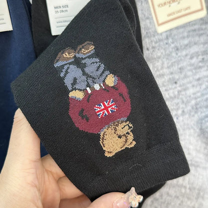 Polo Socks Men Gentleman Cotton Socks Bear Cartoon Bussiness Harajuku Skateboard Novelty Breathable Sox Designer Socks Size46-39
