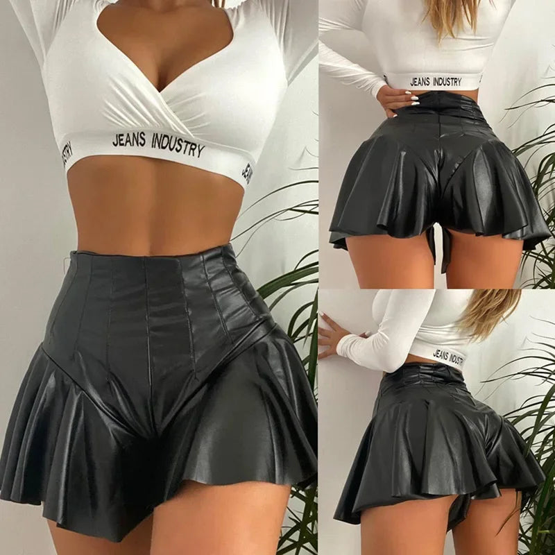 Women’s Shorts Summer High Waist Solid Color PU Leather Ruffle Trim Short Pants