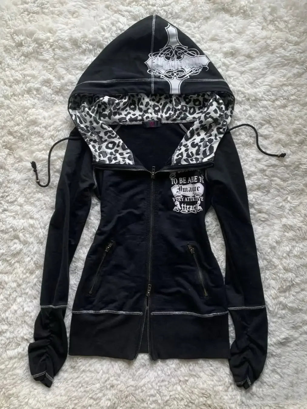 American street hot girl retro print black classic zipper hoodie women's y2k hip-hop trend temperament slim design jacket
