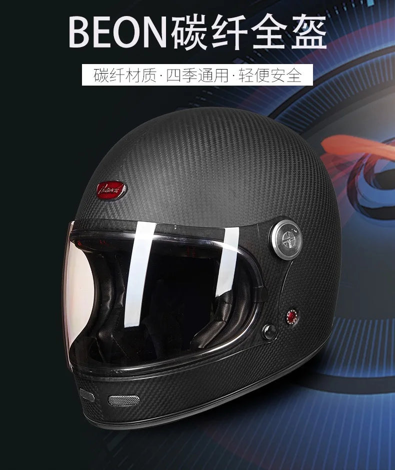 BEON Lightweight Fiberglass Full Face Helmet for Men Women Retro Motorcycles Helmet Cool and Personalized Karting Helmet B510