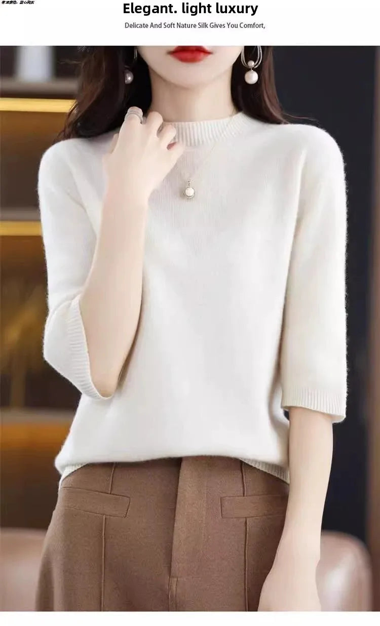 2026 New Soft Short Sleeve Women's Half High Neck Overhead Wool Blend Simple Loose Thin Seven Sleeve Woolen Sweater