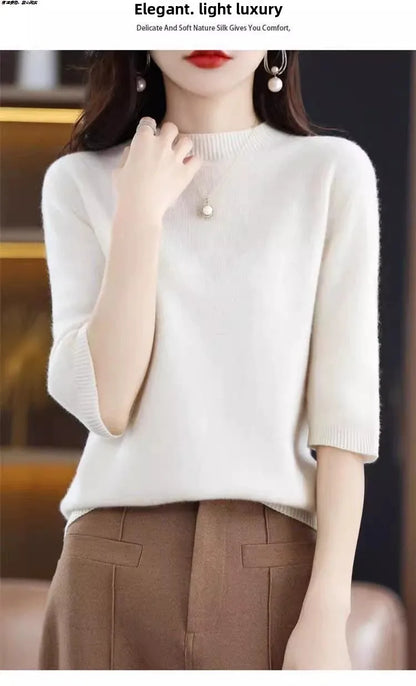 2026 New Soft Short Sleeve Women's Half High Neck Overhead Wool Blend Simple Loose Thin Seven Sleeve Woolen Sweater